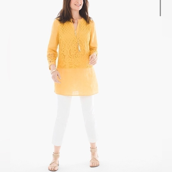 Chico’s Women’s 100% Linen Lace Yellow Mustard Tunic Top Blouse Shirt Sz 3 XL/16 - Picture 2 of 16